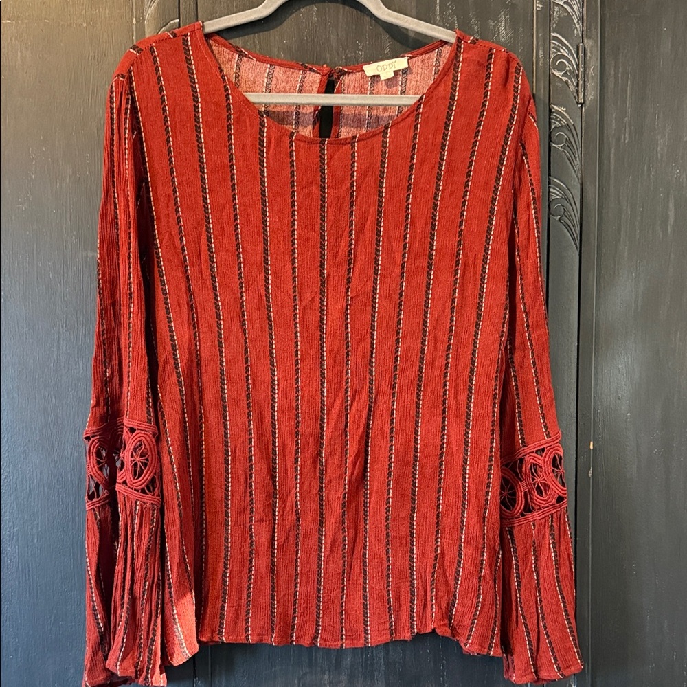 ODDY Red and Black Boho Blouse with Bell Sleeves